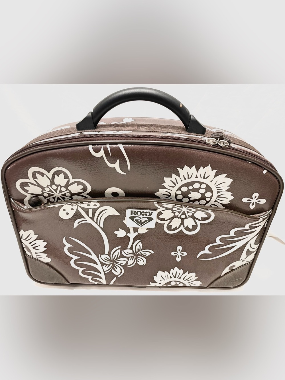 Vintage ROXY Brown and White Hard Shell Small Hawaiian Floral Patterned Suitcase